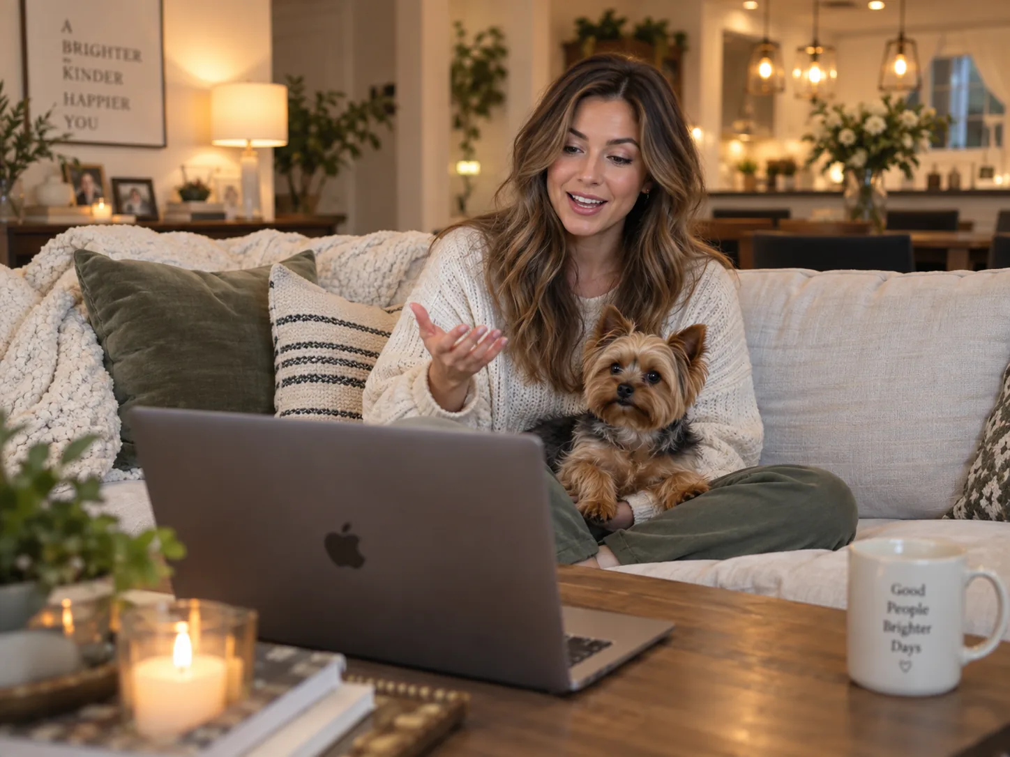 Dog parent learning at home with her dog
